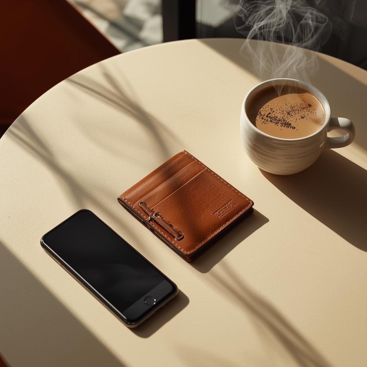Cafe still-life with wallet and card holder