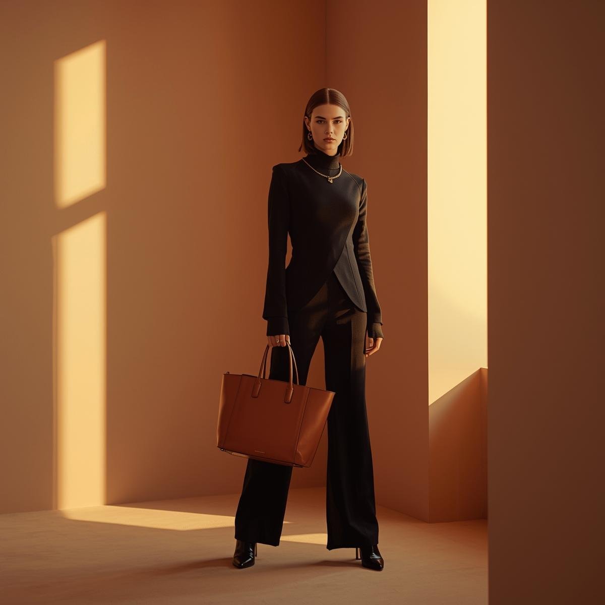 Luxury fashion campaign with cognac handbag or tote