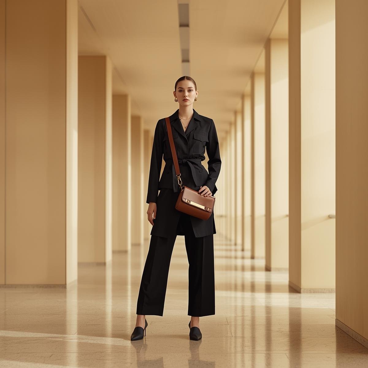 Model wearing cognac leather crossbody in a minimal airport corridor